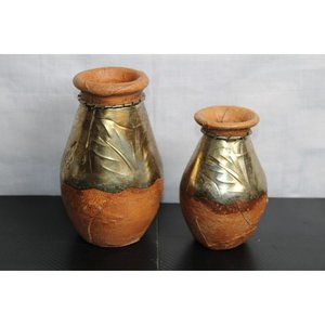 2 Vintage Leather Wrapped Clay Vases with Metal Accents